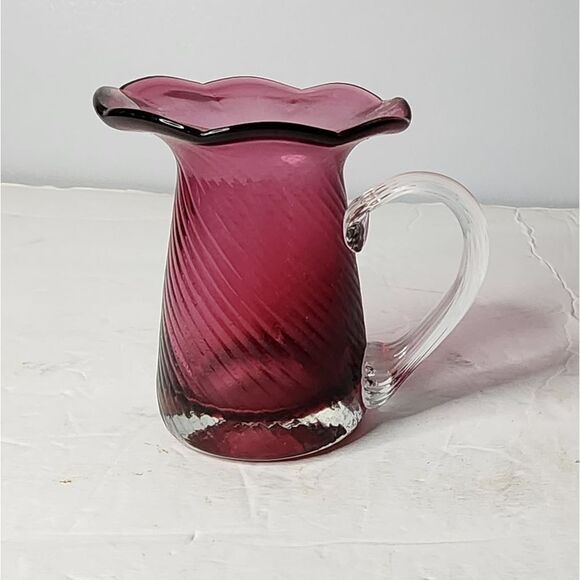 Nantucket Glassworks Cranberry Pitcher Fluted Swirl Clear Ribbed Handle - Picture 1 of 5